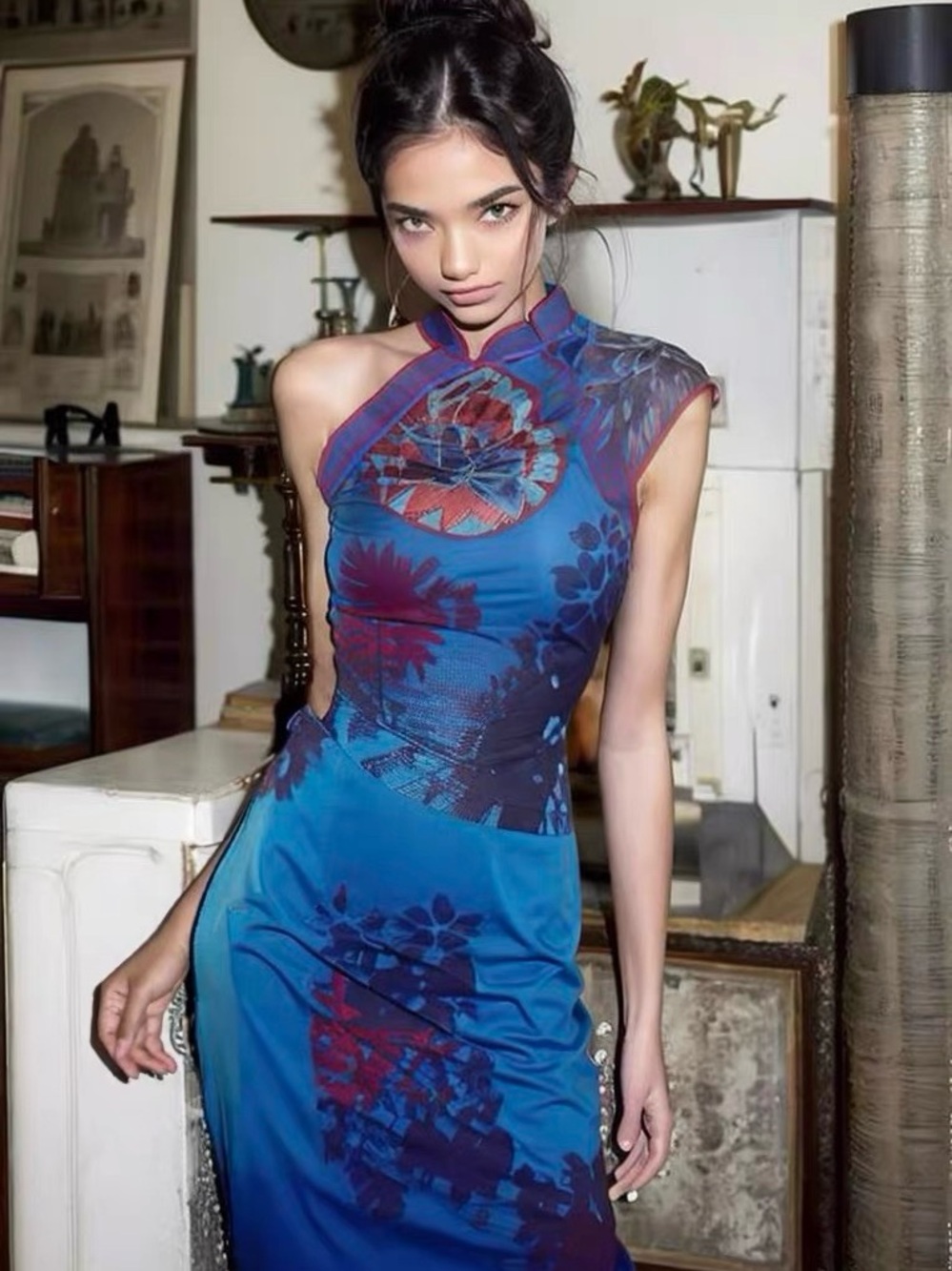 Blue Floral One-Shoulder Cheongsam-Inspired Dress